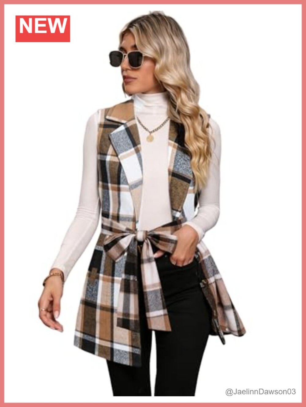 UANEO Plaid Vest Women Sleeveless Belted Blazer Button Down with Pockets